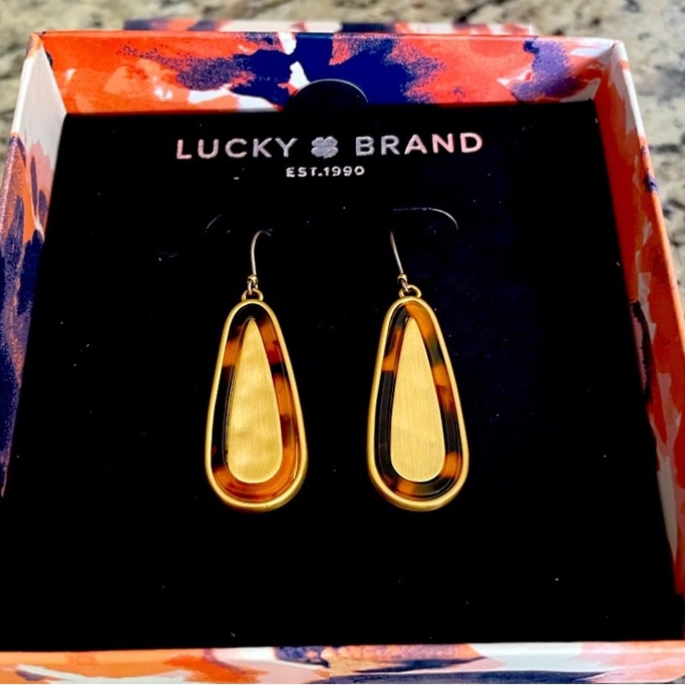 Lucky Brand Earrings - Tortoise and Gold Teardrop Design NIB